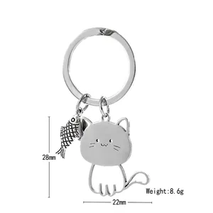 Cute stainless steel cat and fish keychain pendant with 28mm polished silver finish