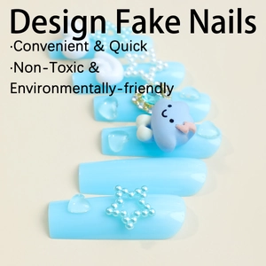 Sky blue press-on nails with 3D stars and cute clouds decorations set for women
