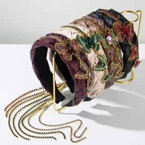 Retro Geflochtenes PU Leder Stirnband Mit Strass Schmetterlingen Und Quasten Kette Luxus Haarreif Damen