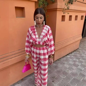 Gingham V Neck Crop Top And Wide Leg Pants Lantern Sleeve Ruched Smocked High Waist Holiday Outfit For Women
