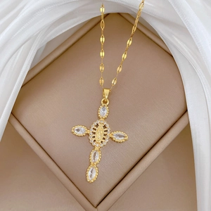 Gold titanium steel cross pendant necklace with Madonna portrait and sparkling crystals