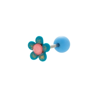 Detailed macro view of a 0.8mm stainless steel daisy earring with blue and pink floral petals