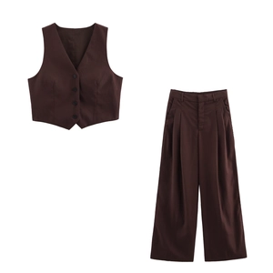 Women's dark brown summer suit set with sleeveless buttoned vest and wide leg trousers