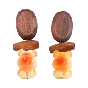 Bohemian geometric oval wood and orange resin bear drop earrings with silver pins