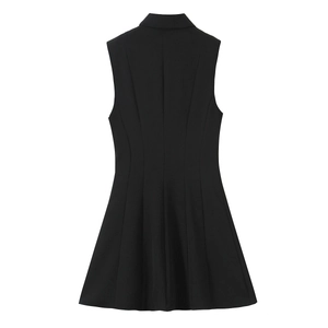 Women's black sleeveless crepe mini dress with structured back seams and flared hem
