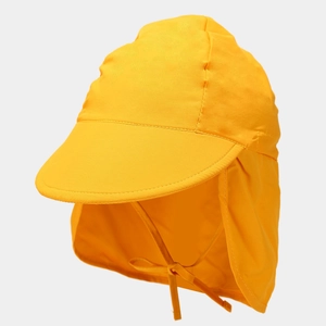 Detail of orange kids sun hat with neck flap and adjustable chin strap for UV protection