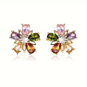 Golden five-petal flower stud earrings with vibrant multi-colored pear-shaped gemstones
