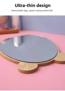 Slim profile of bear-shaped wooden makeup mirror with detachable stand for space-saving storage