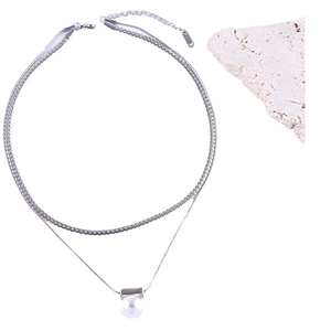 Double layer silver necklace with flat snake chain and white pearl pendant for women