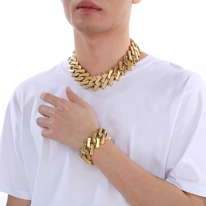 Ensemble collier et bracelet pour hommes en acier inoxydable doré à gros maillons 32mm