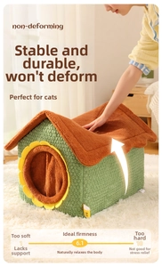 Detail of sunflower pet bed house showing non-deforming thick foam and plush texture