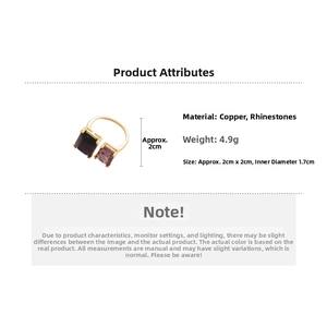Detailed specs showing a golden ring with purple square zircons and copper material info