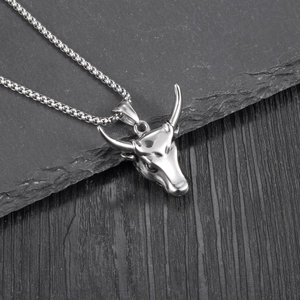 3D bull head pendant necklace in silver stainless steel on textured stone base