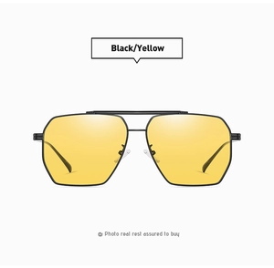 Detail view of double-bridge metal frame and yellow night vision polarized lenses