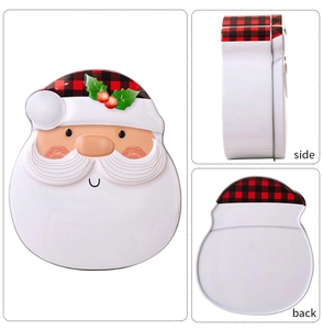 Front, side, and back views of a Santa Claus tin box with a red checkered hat