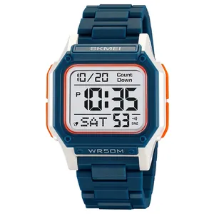 Skmei dual time sports digital watch with blue resin strap and orange buttons