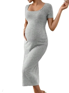 Robe De Maternité Tricotée À Côtes Manches Courtes Col Carré Fente Latérale Moulante Midi Confort Décontracté Femmes Enceintes