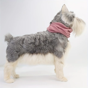 Detail of soft pink noise-canceling ear muff on a Schnauzer model for pet grooming