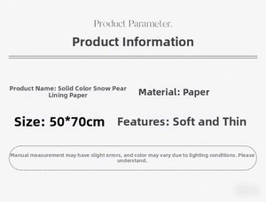 Specification card for 50x70cm soft and thin solid color tissue paper for gift wrapping