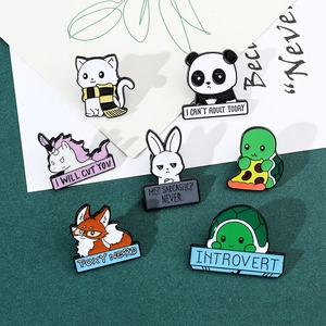 Detailed collection of 7 colorful enamel pins featuring cartoon animals and funny slogans
