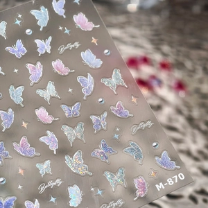 Self-adhesive butterfly nail stickers with laser glitter effect and colorful gold stamping