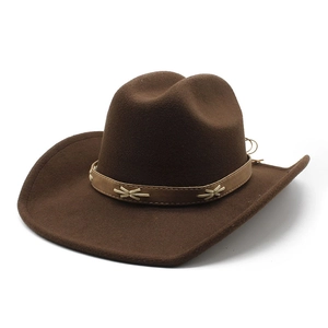 Detail of dark brown wool felt cowboy hat featuring a leather band with X-shaped stitching