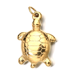 Detailed view of a golden sea turtle charm pendant with textured shell on white background