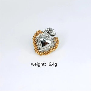 Squisito anello Sacro Cuore nei toni oro e argento, stile vintage Ins, peso 6.4g