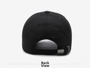 Back view of black breathable mesh baseball cap with adjustable metal buckle strap