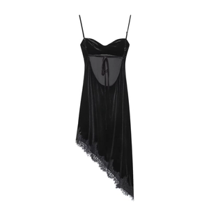 Robe midi élégante en velours noir à fines bretelles et ourlet en dentelle irrégulier chic