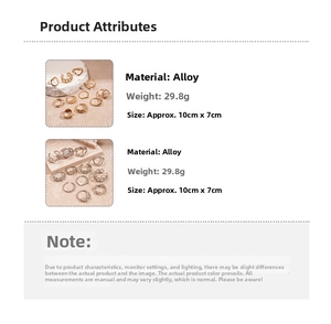 Detailed view of 12-piece geometric metal ring set including alloy weight and size specs