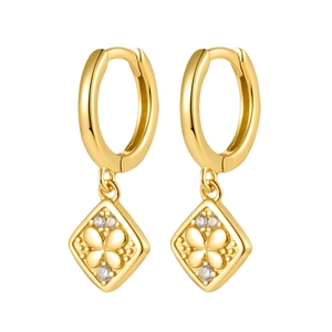 Elegant gold S925 sterling silver hoop earrings with diamond-set clover rhombus pendant