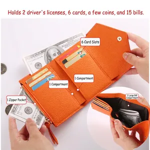 Slim orange pebble leather trifold wallet for women featuring multiple card slots and coin pocket