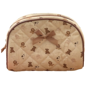 Quilted semi-circle makeup bag with brown bear patterns and a decorative bow
