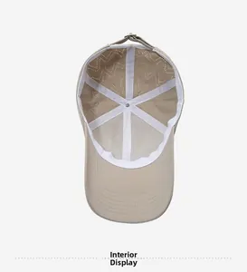 Detail view of khaki baseball cap featuring breathable mesh lining and laser-cut vents