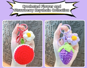 Detail of handcrafted crochet strawberry and flower keychains with metallic ring attachments