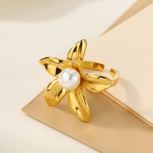 18k gold butterfly flower ring with pearl, elegant open adjustable stainless steel jewelry