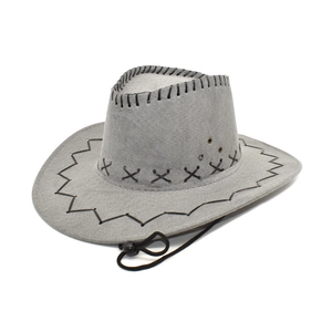 Detail of gray faux suede cowboy hat with black hand-stitched cross patterns and chin strap