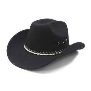 Classic black felt cowboy hat with tricolor braided band and elegant metal side button