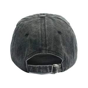 Detail view of washed dark grey baseball cap showing metal buckle and adjustable strap