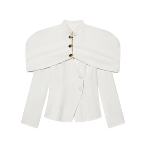 Slim fit white asymmetric wrap blazer with stand collar and gold metal buttons