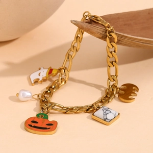 Bracciale Figaro dorato per Halloween con ciondoli a forma di zucca fantasma e perla
