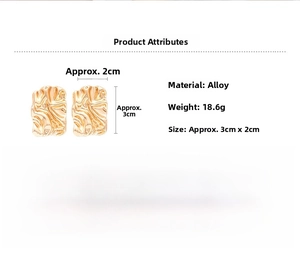Detailed view of large gold-tone irregular textured alloy square earrings with dimensions