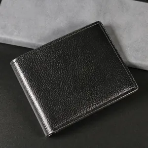 Portafoglio Bifold Da Uomo Corto Pelle PU Grana Litchi Business Casual Slot Per Carte Finestra Per Foto