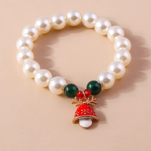 Detail of Christmas beaded bracelet with red reindeer bell, mushroom, and green beads