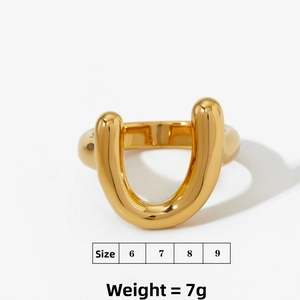 Detailed view of wide gold U-shaped ring with high-polished 316 stainless steel finish