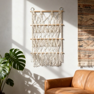 Bohemian handmade macrame wall hanging with wooden poles for doll storage and decor