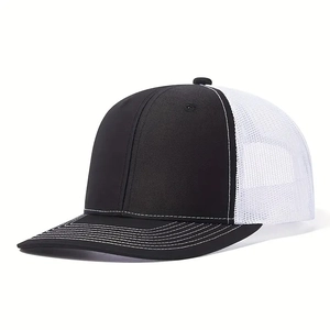 Classic black and white mesh trucker hat with curved brim and durable fabric panels