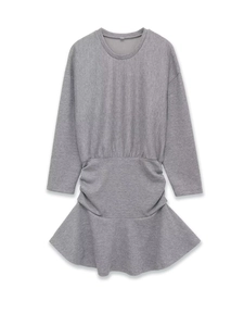 Detail of grey rib-knit dress with crew neck, cinched waist, and ruffled hemline
