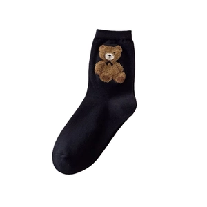 Black crew socks for women featuring a cute 3D brown teddy bear patch with bow tie